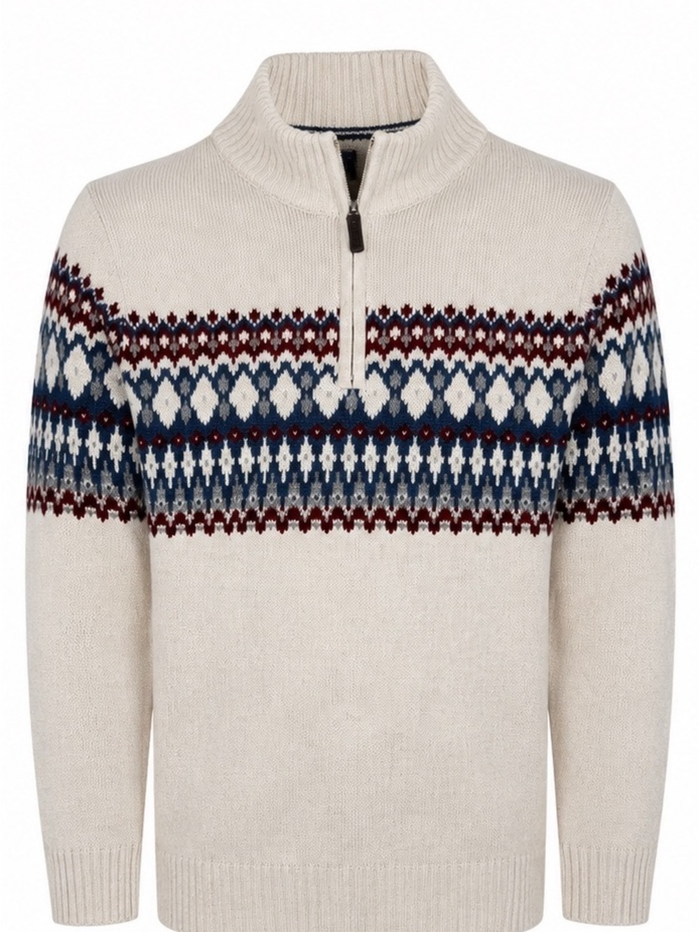 Izod Cream Fair Isle Quarter-Zip Sweater with Navy & Burgundy Pattern - Picture 2 of 16